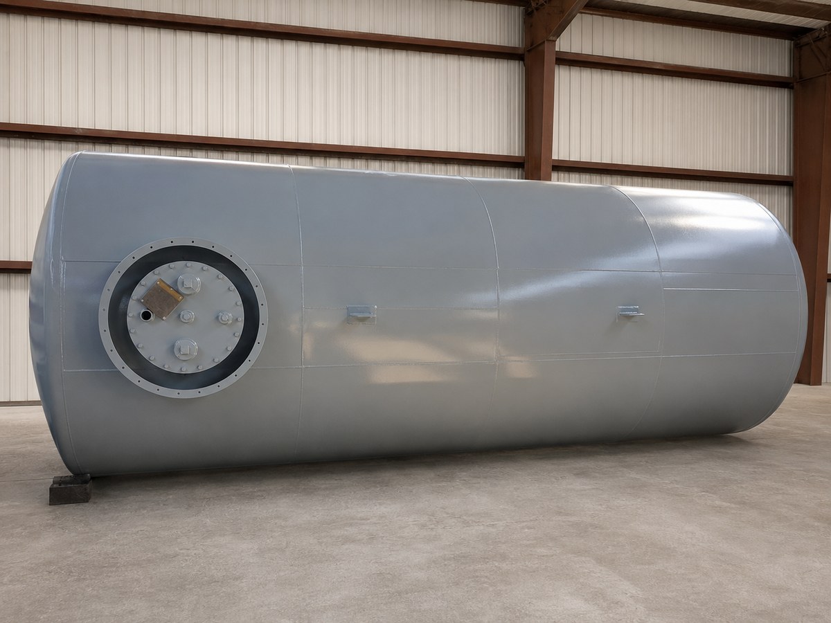 Large horizontal steel fuel tank manufactured by EOCS.